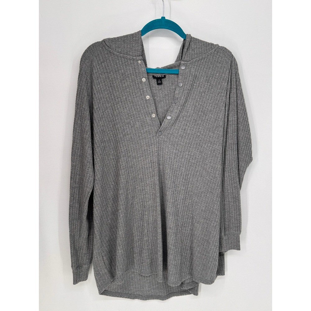 Torrid Hoodie Women 2 Grey Henley Waffle Knit Long Sleeve Button Front Top
